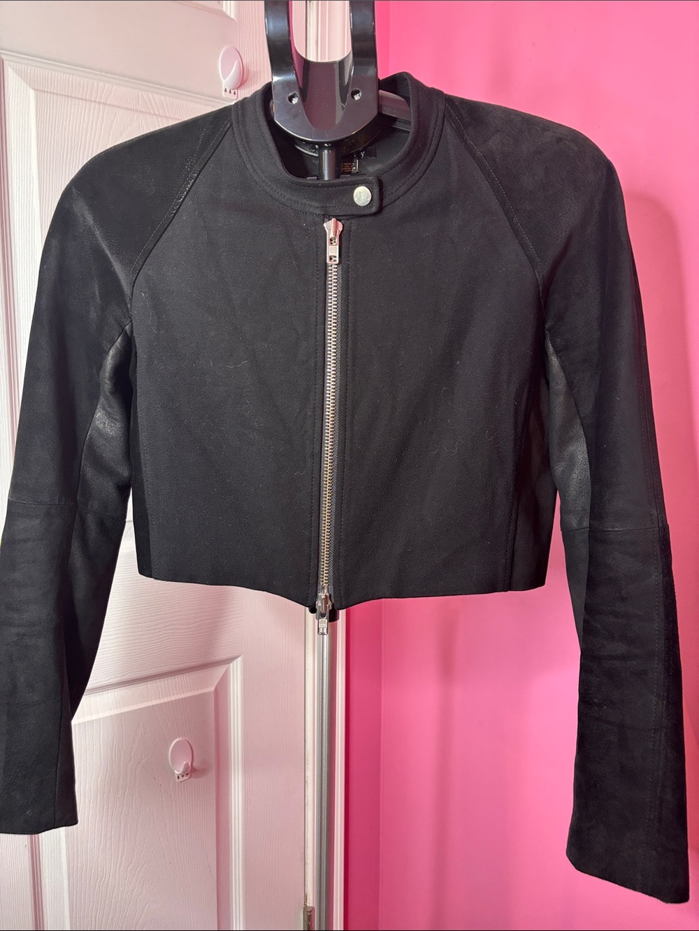 Theory Black Cropped Moto Jacket Mixed Media Zip Front Women’s Size 12